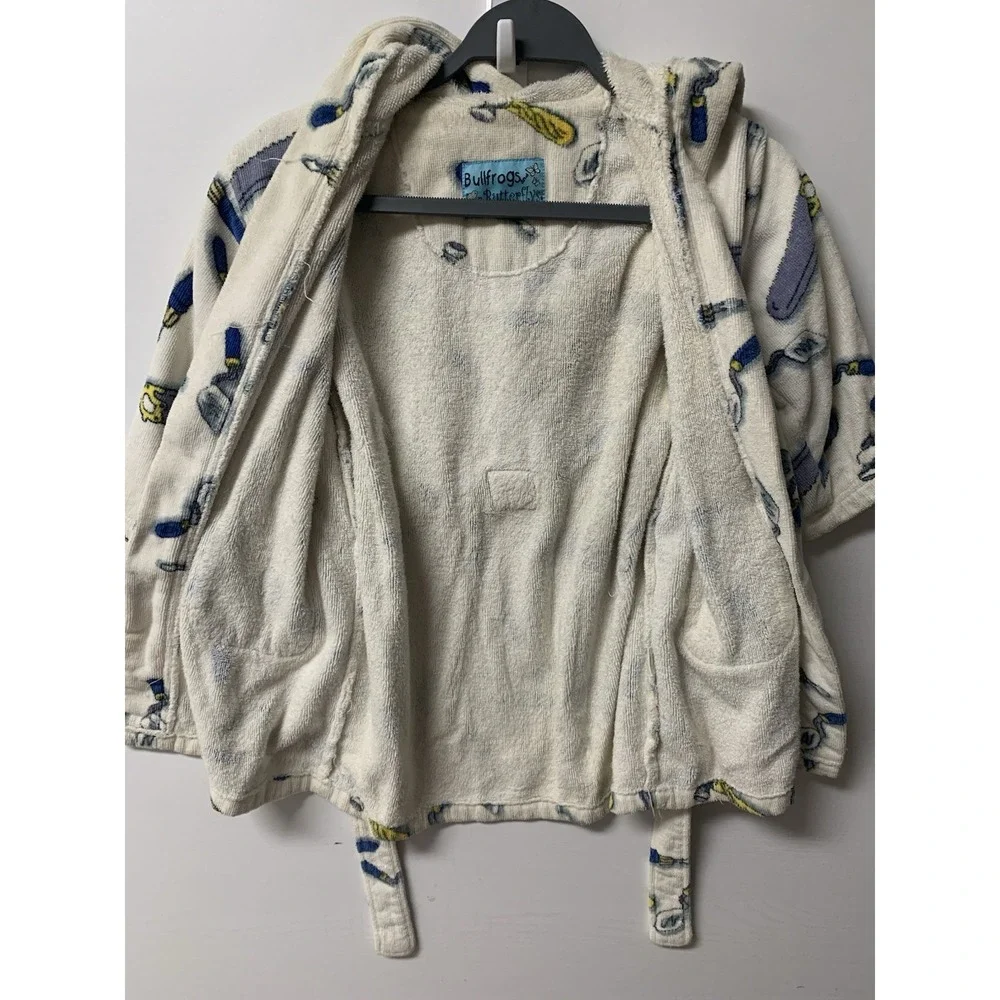 Bullfrogs & Butterflys Boys Tools Robe White Med Belt Pockets Hood Terry Cloth